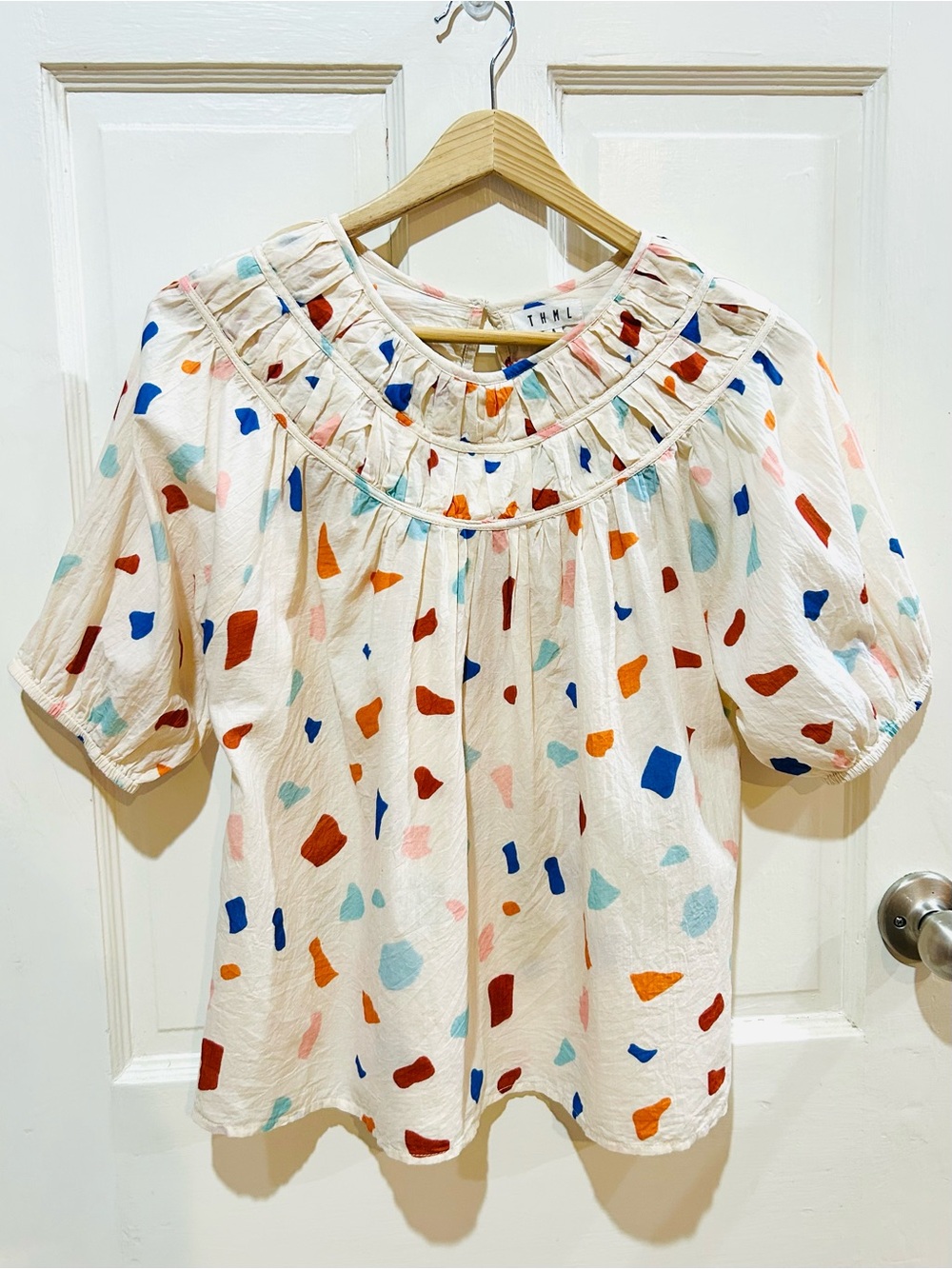 THML Cream Confetti Puff Sleeve Woman's Top Smocked Neck Boho 100% Cotton Size S